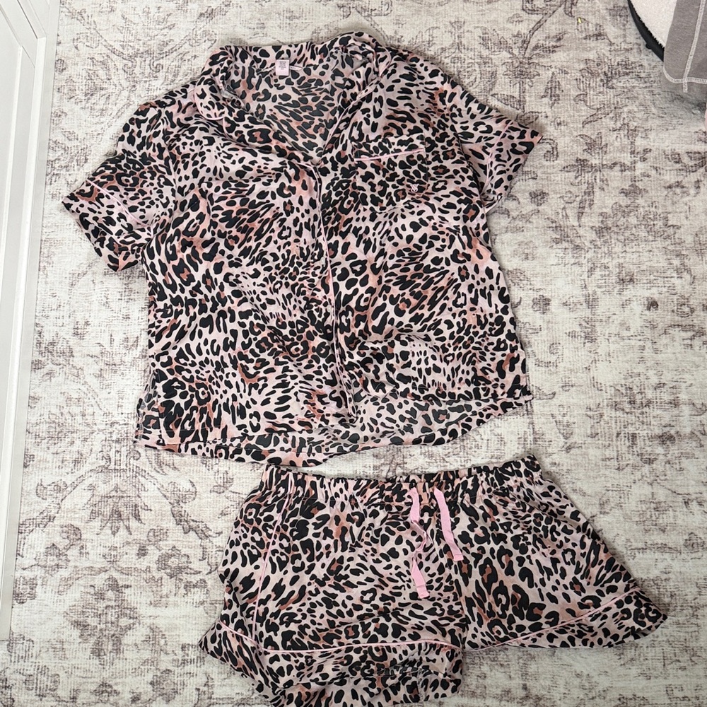 Victoria’s Secret Leopard Print Pink Short Sleeve Pajama Set